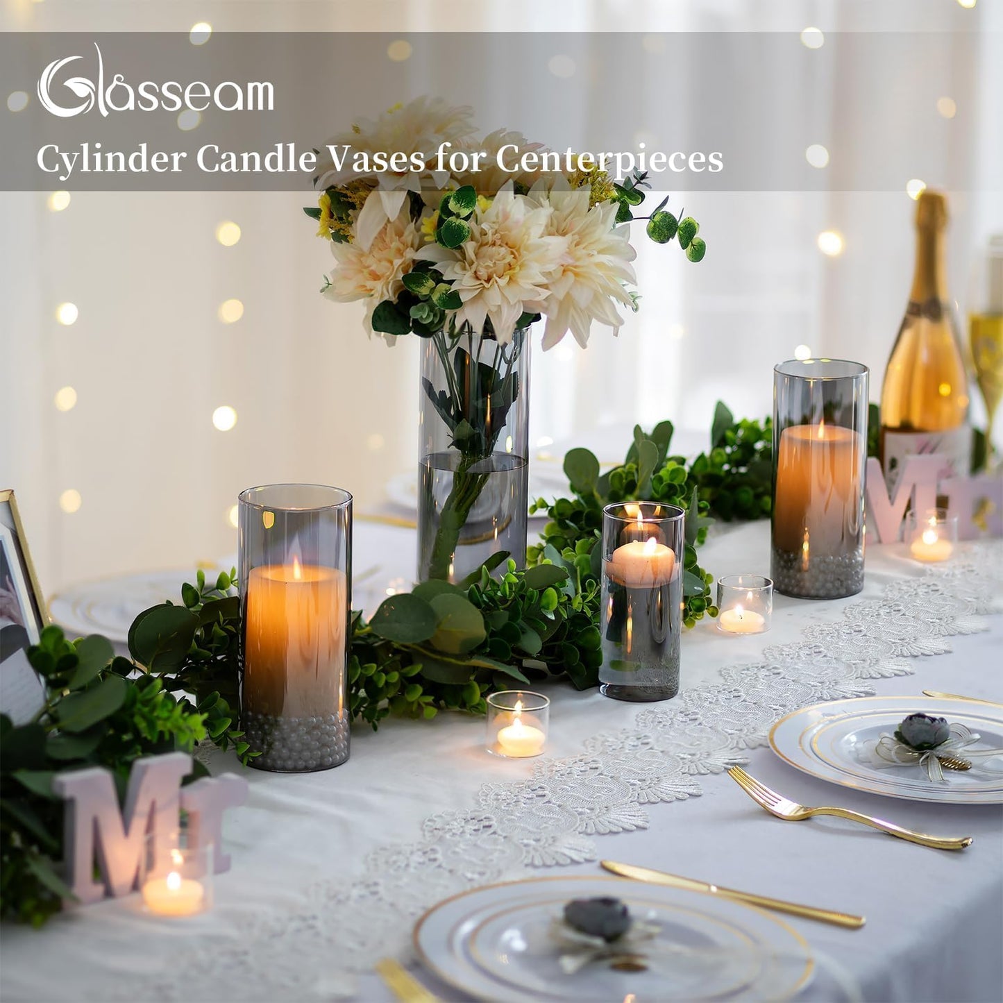 Glasseam Glasvase Grau: 3er-Set Glasvasen Dekoration - Moderne Blumenvase 