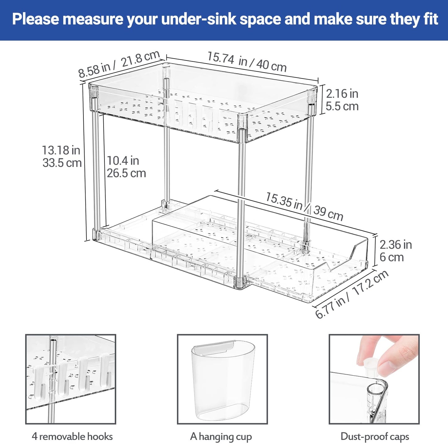 Puricon Unter Waschbecken Regal Spülschrank Organizer, 2 Etagen Standregal Küche Arbeitsplatte Regal Organizer 
