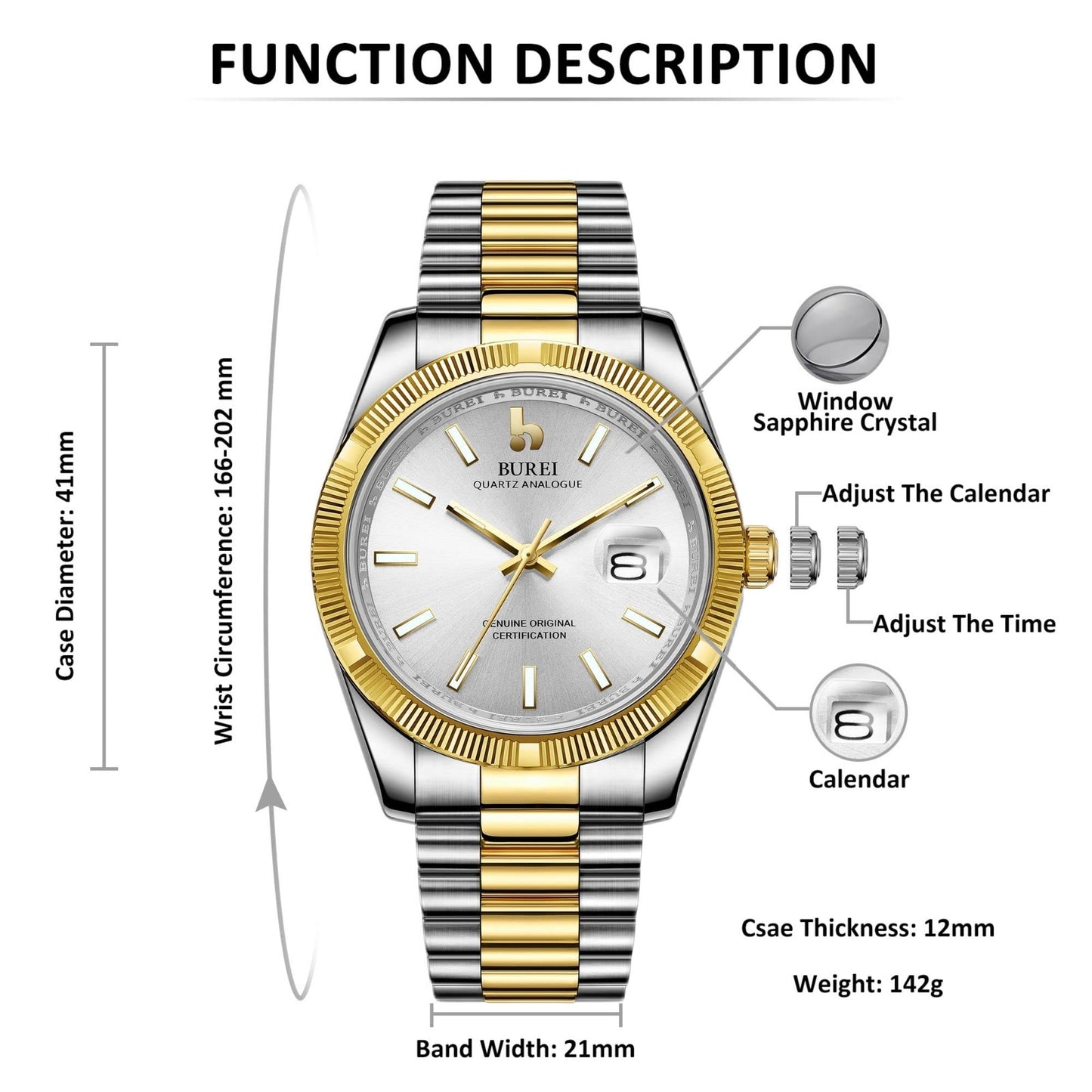 BUREI Herren Uhren Quarz Armbanduhr Datumsanzeige Saphirglas Objektiv mit Zwei Tönen Edelstahlband