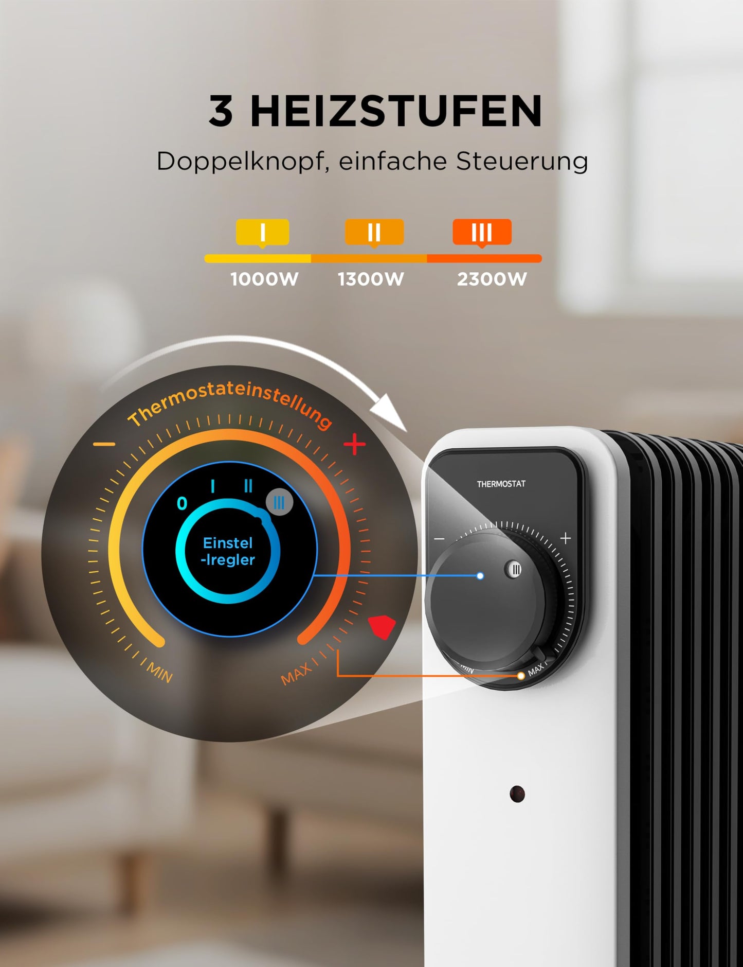 2300W 11 Rippen tragbarer Elektroheizer mit Drehknopfregelung und einstellbarem Thermostat, 3 Heizstufen, Kipp- und Überhitzungsschutz, ultraleicht im Büro &amp; Zuhause