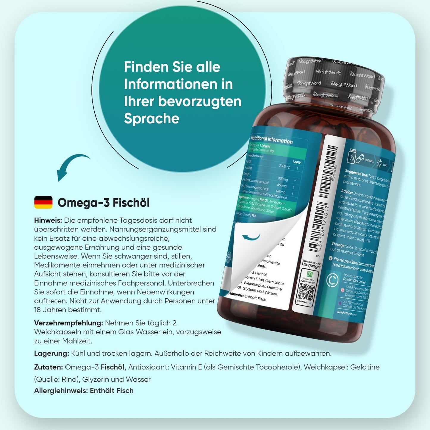 Omega 3 Weich-kapseln - 2000mg Fischöl mit 1100mg Omega-3, 660mg EPA & 440mg DHA pro Portion - 240 Softgels - EPA & DHA tragen zur normalen Herzfunktion bei (EFSA)