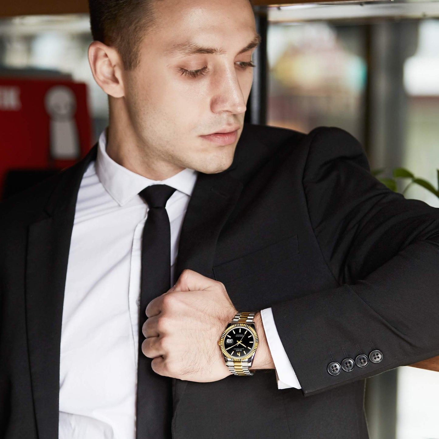 BUREI Herren Uhren Quarz Armbanduhr Datumsanzeige Saphirglas Objektiv mit Zwei Tönen Edelstahlband