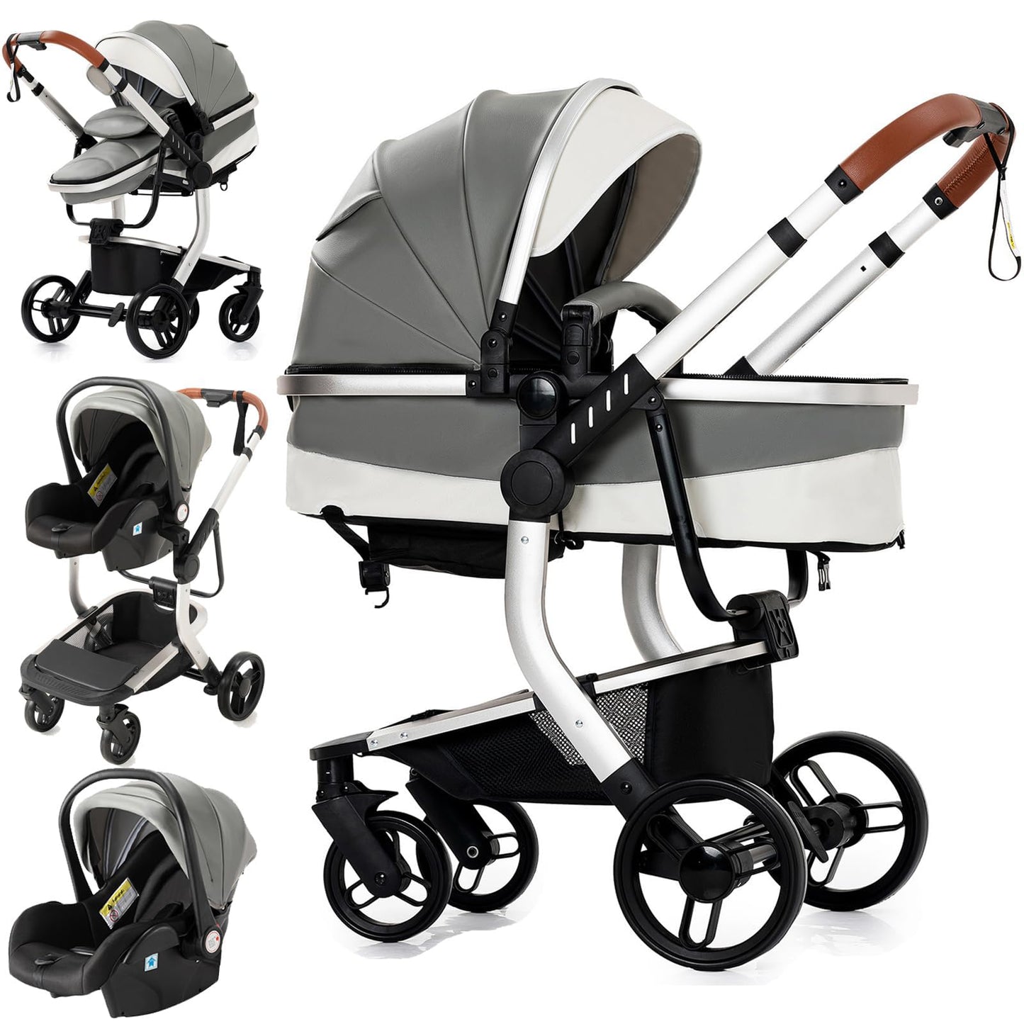 Reenborn 3-in-1 Kinderwagen, Buggy mit zwei umkehrbaren Schiebemodi, Kinderwagen mit Gestell aus Aluminiumlegierung, Babywagen, 3-in-1 Komplettset mit Ein-Klick-Faltmechanismus 