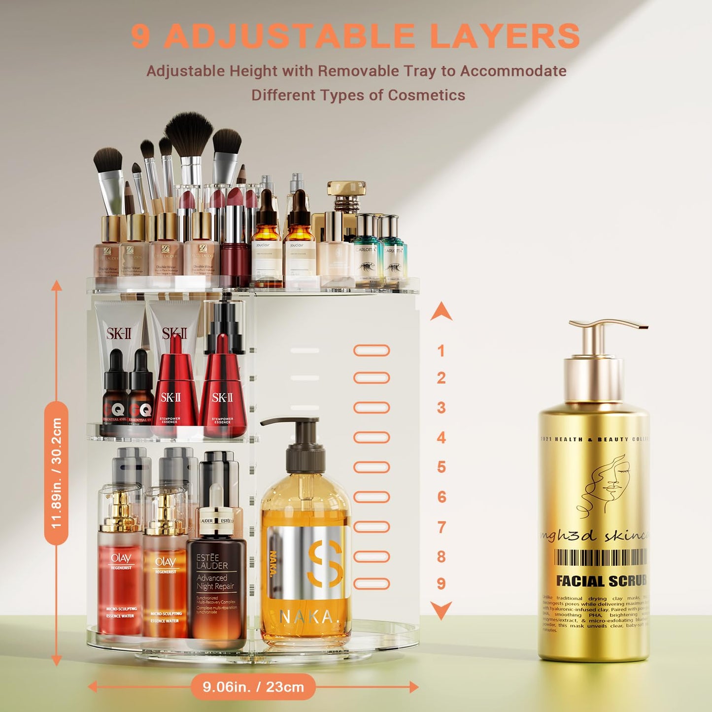 Auxmir Schminktisch Organizer mit 9 einstellbaren Stufen, Make Up Organizer 360° Drehbar, Extra Größer Kosmetik Hautpflege Organisieren 