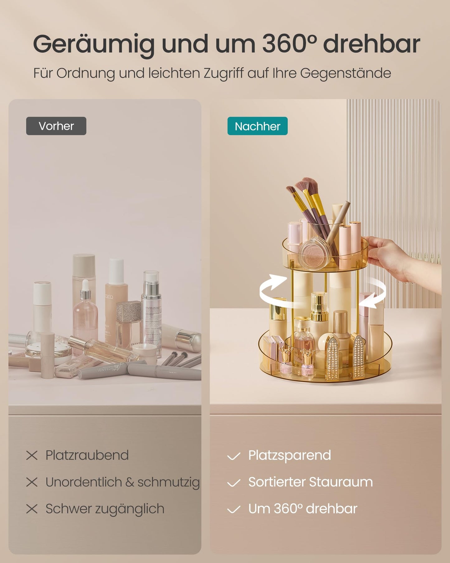 SONGMICS Make-up Organizer mit extra Tablett Oben, Kosmetik-Organizer rund 2 Ebenen 