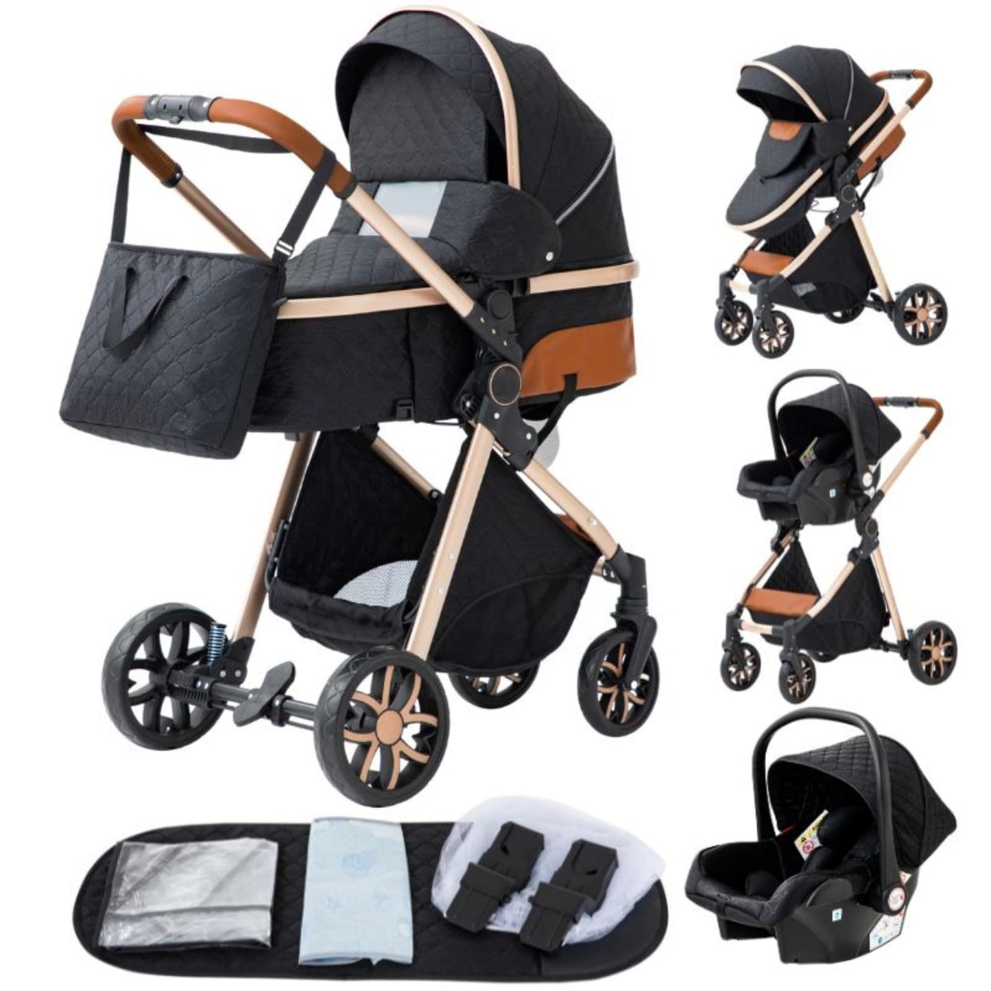 YAZOCO kinderwagen 3 in 1 Buggy Babybett Komplett Set Einem Klick Zusammenklappbarer Kinderwagen, KombiKinderwagen Aluminiumrahmen für Neugeborene 