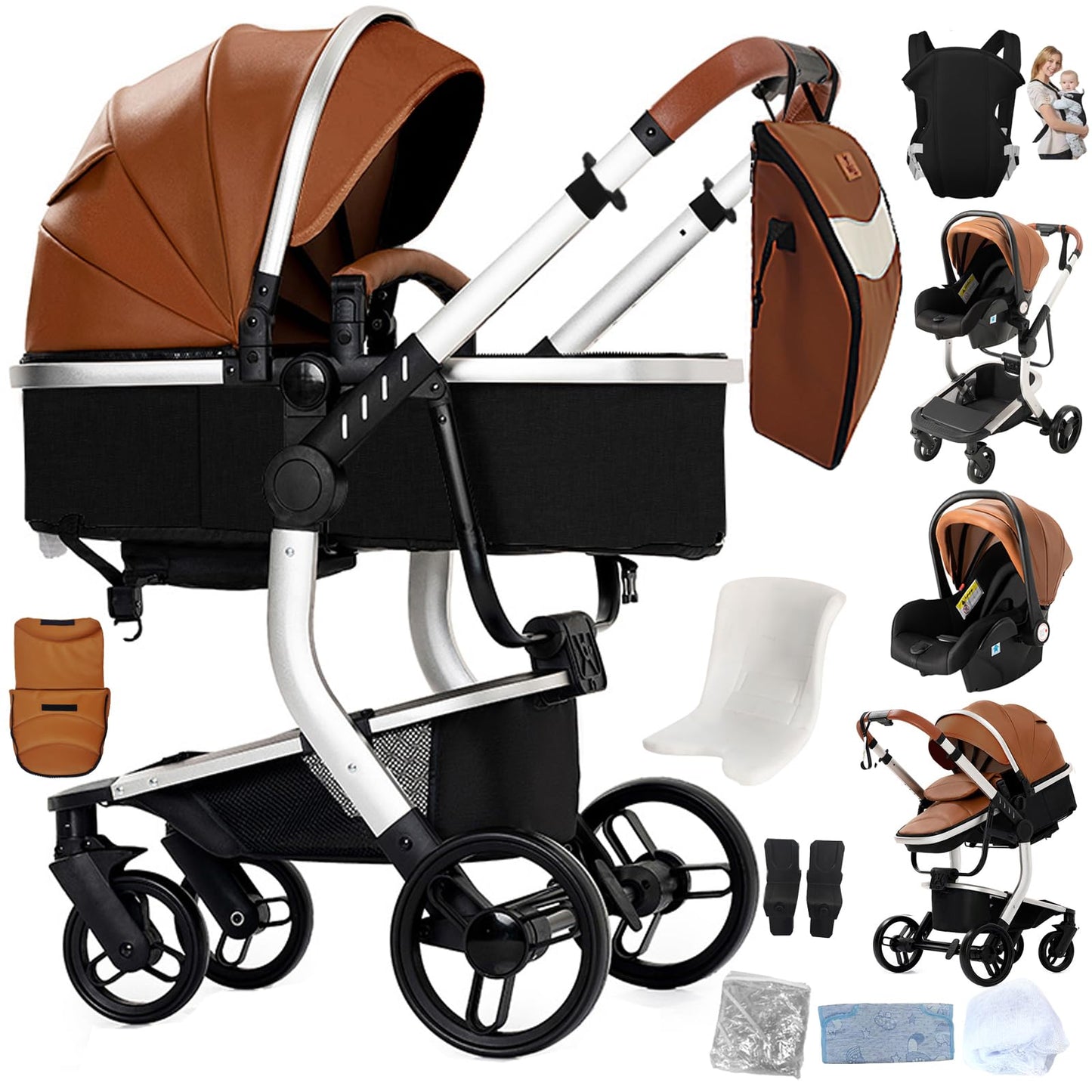 Reenborn 3-in-1 Kinderwagen, Buggy mit zwei umkehrbaren Schiebemodi, Kinderwagen mit Gestell aus Aluminiumlegierung, Babywagen, 3-in-1 Komplettset mit Ein-Klick-Faltmechanismus 