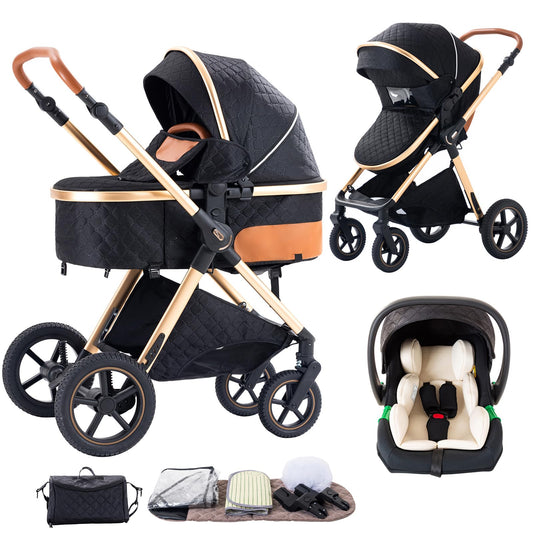 Shineey 3-in-1 Kinderwagen, Buggy, faltbarer Kinderwagen-Satz, Kombi-Kinderwagen 3-in-1 mit großer, komfortabler Babywanne, Gestell aus Aluminiumlegierung 