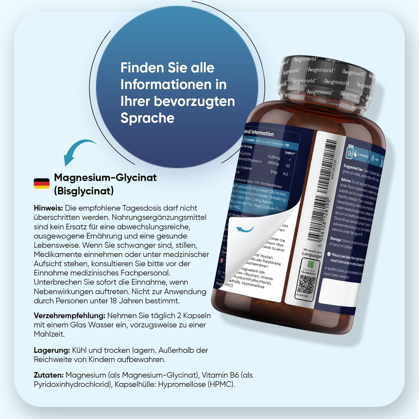 Magnesium Bisglycinat Kapseln - 1420 mg Magnesiumbisglycinat mit Vitamin B6-200 mg Elemente Magnesium - Glycinat Form - 180 vegane Kapseln - 3 Monate Vorrat - Alternative zu Pulver 