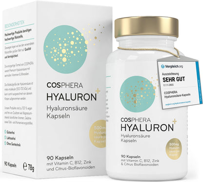 Hyaluronsäure Kapseln hochdosiert mit 500 mg pro Kapsel - 90 vegane mit Zink als Beitrag zum Erhalt normaler Haut und Knochen.