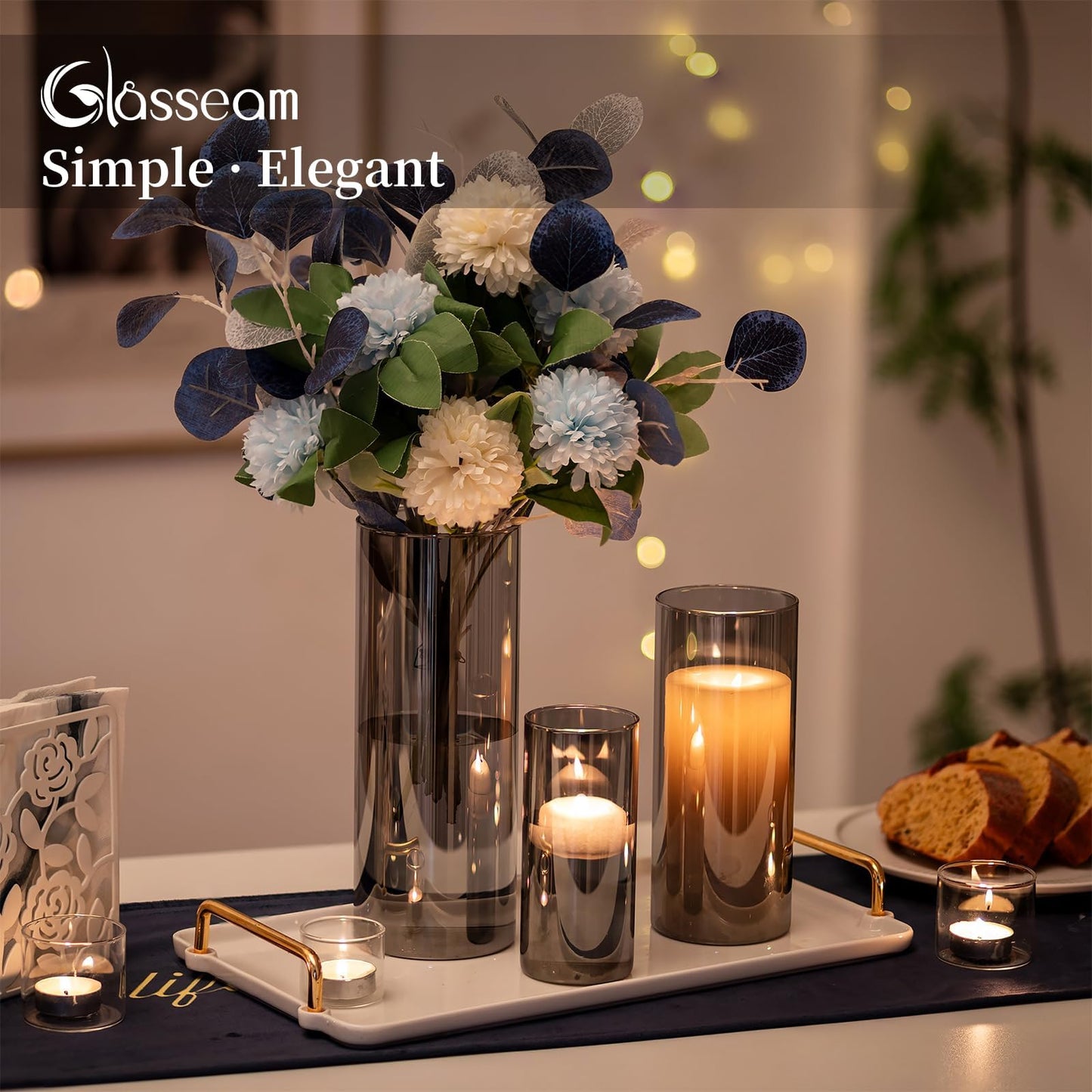 Glasseam Glasvase Grau: 3er-Set Glasvasen Dekoration - Moderne Blumenvase 