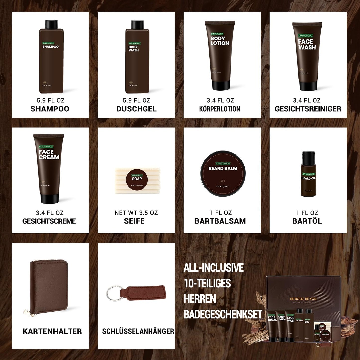 BODY &amp; EARTH Herrenpflege-Geschenkset Sandelholz, 10-teiliges Pflegeset mit Bartöl