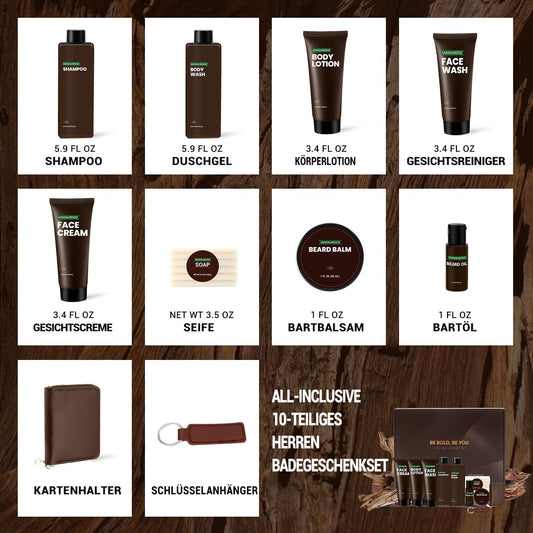BODY &amp; EARTH Herrenpflege-Geschenkset Sandelholz, 10-teiliges Pflegeset mit Bartöl