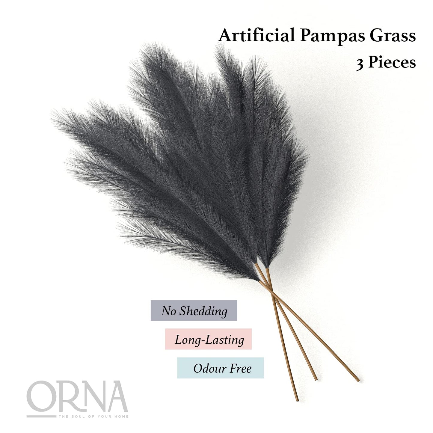 ORNA Künstliches Pampasgras, künstliche Blume, lange Zweige, extra flauschig, 114 cm hoch (3 Stängel x 20 Zweige) für moderne Wohndekoration 