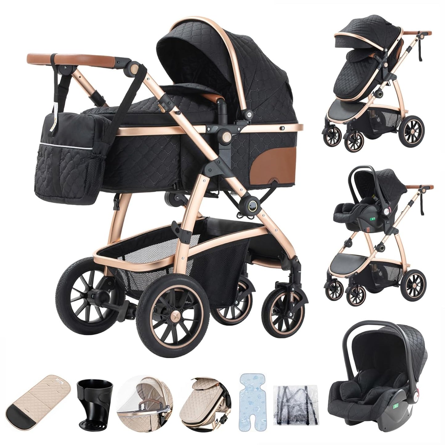 3-in-1 Kinderwagen-Set mit Sitz und faltbarem Babybett, verstellbare Liegeposition, bis 15 kg, 0-3 Jahre 
