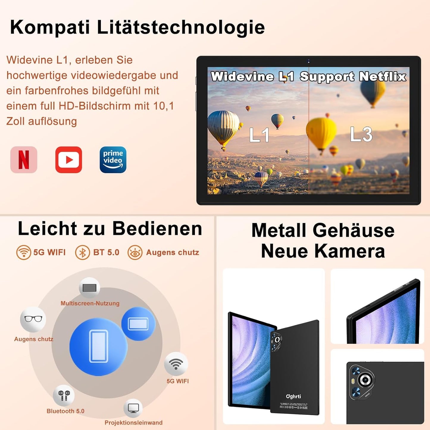 Tablet 10 Zoll Android 14, 22GB RAM 128GB ROM/TF 1TB, Octa-Core Prozessor, 8000mAh, BT5.0, 8MP+5MP, Dual WLAN, Face ID, Widevine L1, Augenschutz, Tablet mit Tastatur &amp; Maus Metallkörper-Schwarz 