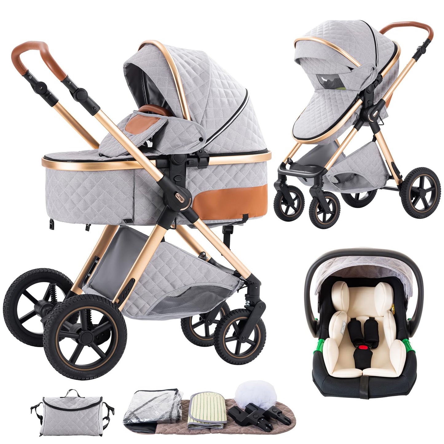 Shineey 3-in-1 Kinderwagen, Buggy, faltbarer Kinderwagen-Satz, Kombi-Kinderwagen 3-in-1 mit großer, komfortabler Babywanne, Gestell aus Aluminiumlegierung 