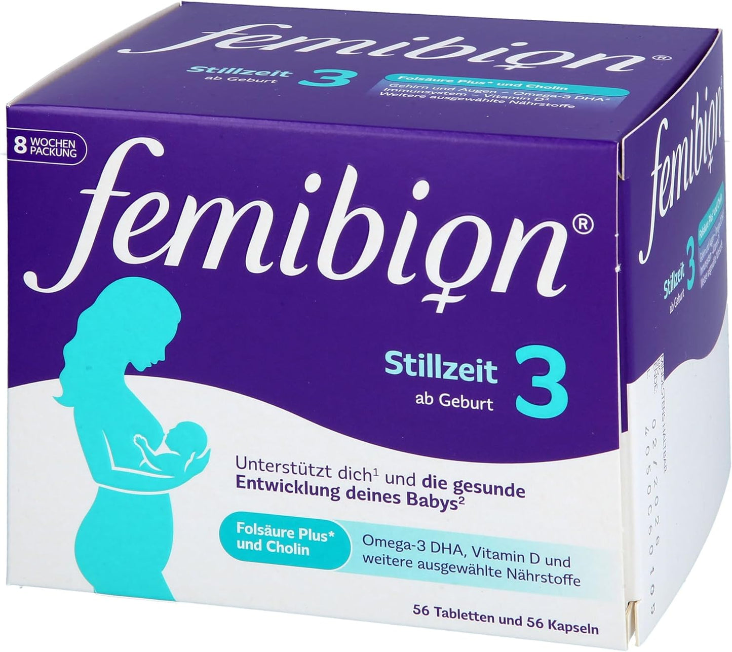 Femibion ​​3 Stillzeit, Tägliches Nahrungsergänzung für die Laktation, Mit Cholin, DHA, Folsäure, Metafolin, 8-Wochen-Pack, 2 x 56 Stück 