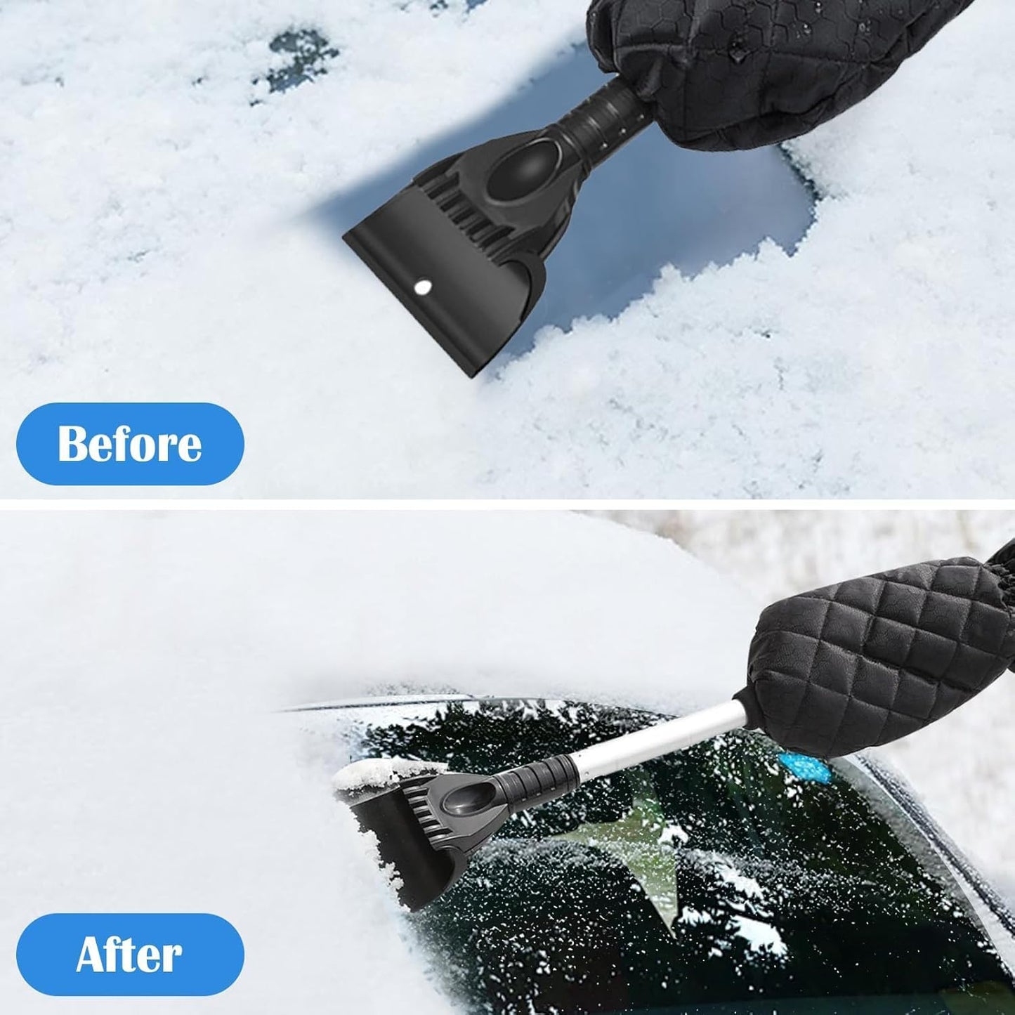 Multifunktionaler Schneebesen Eiskratzer Auto, Wärmender Scheibenkratzer mit Handschuh Auto 