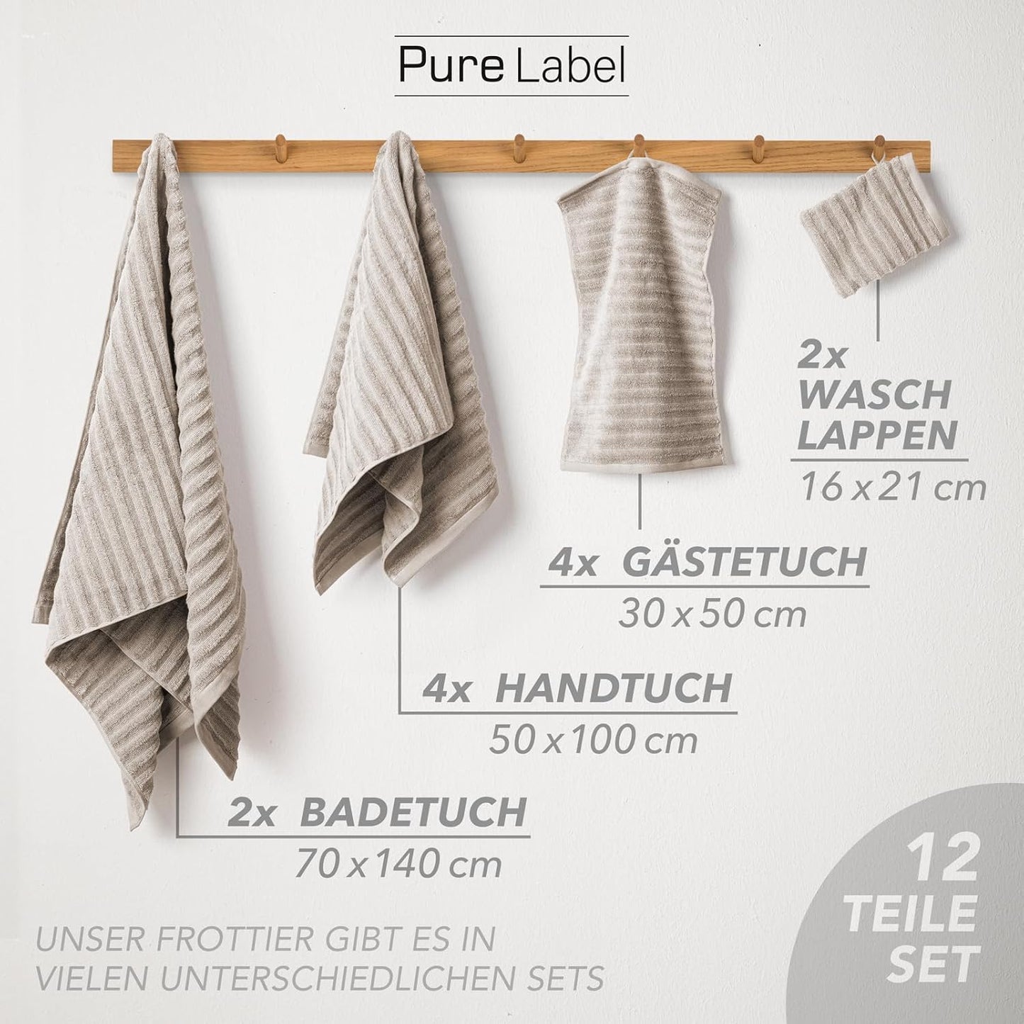 Pure Label 6-teiliges Handtuchset mit Aufhängeschlaufen aus 100 % Baumwolle, saugfähig und weich, 2 x Badetücher (70 x 140 cm), 2 x Handtücher (50 x 100 cm), 2 x Gästetücher (30 x 50 cm), 