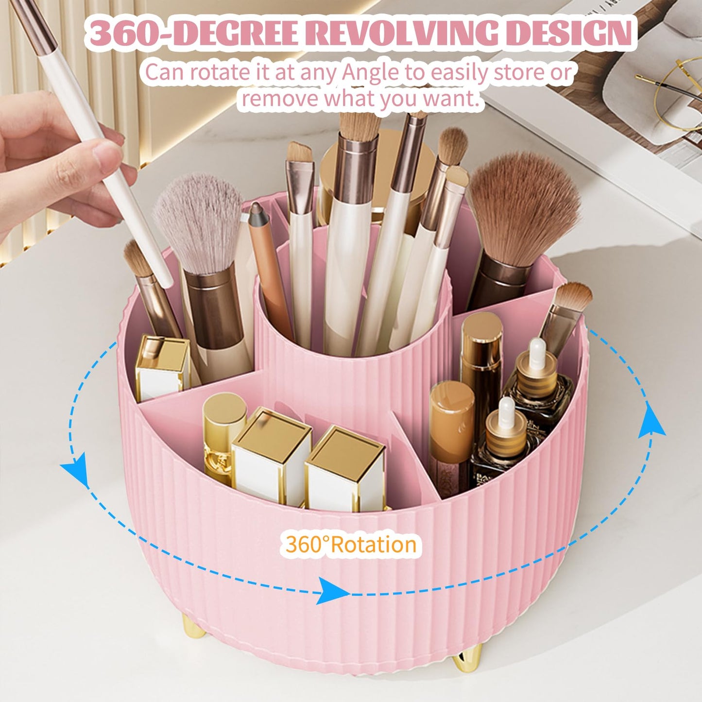 Make up Organizer 360° Drehbar, Pinselhalter Kosmetik Aufbewahrung mit 5 Fächern, Aesthetic Schminktisch Organizers für Zimmer Decor Frisiertisch 