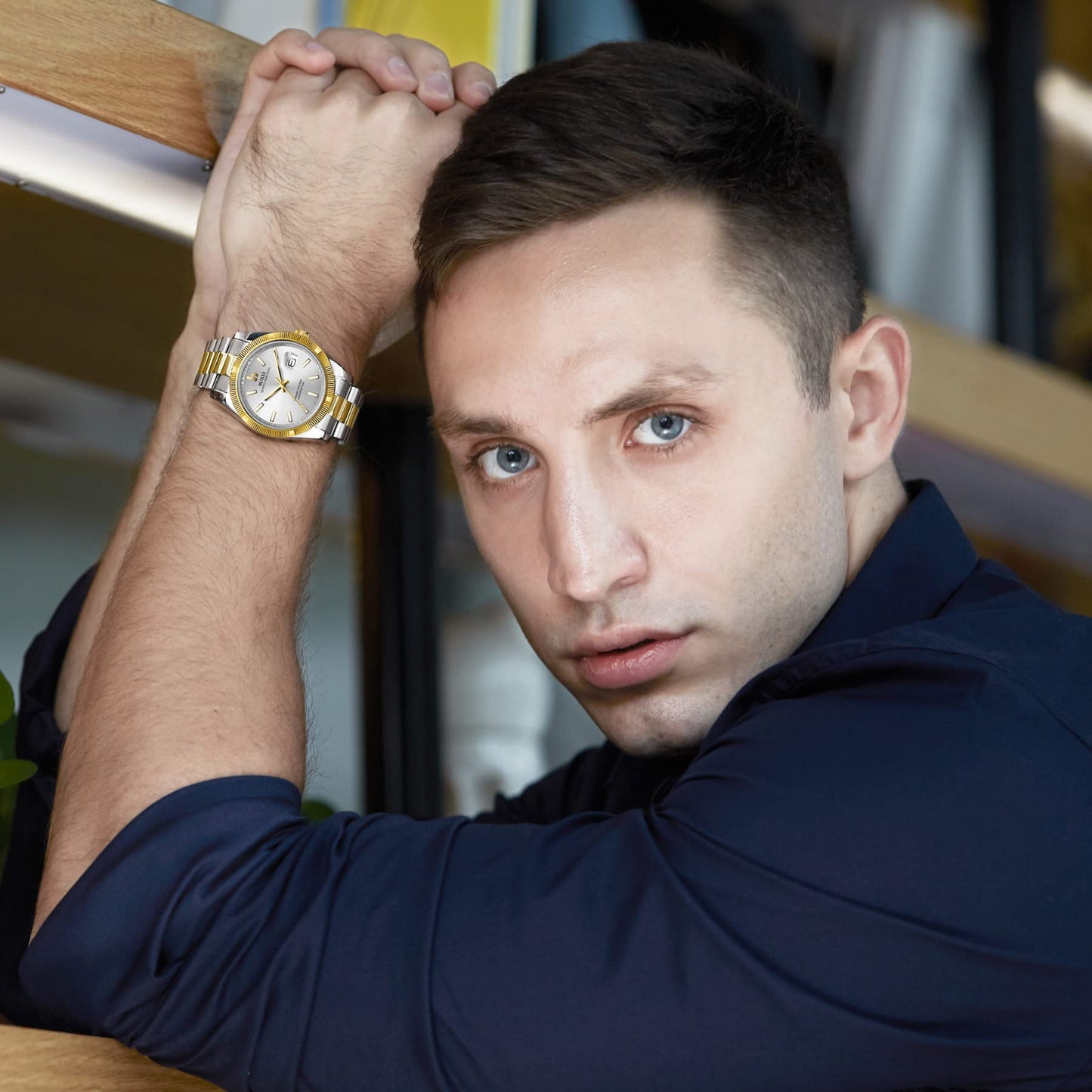 BUREI Herren Uhren Quarz Armbanduhr Datumsanzeige Saphirglas Objektiv mit Zwei Tönen Edelstahlband