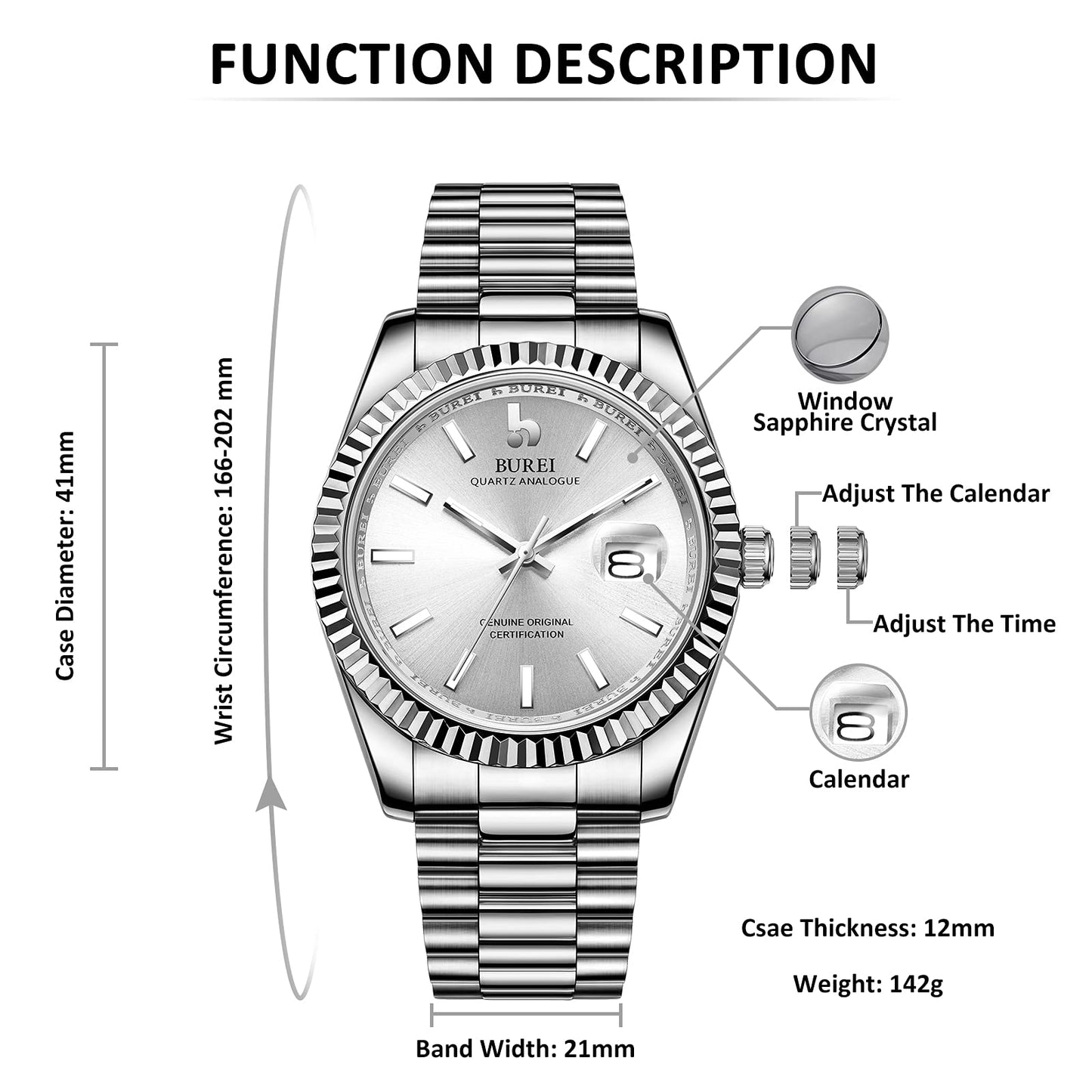 BUREI Herren Uhren Quarz Armbanduhr Datumsanzeige Saphirglas Objektiv mit Zwei Tönen Edelstahlband