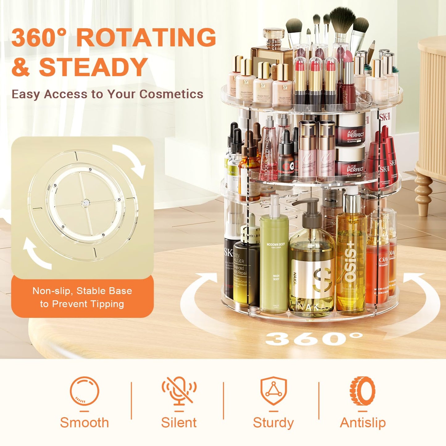 Auxmir Schminktisch Organizer mit 9 einstellbaren Stufen, Make Up Organizer 360° Drehbar, Extra Größer Kosmetik Hautpflege Organisieren 