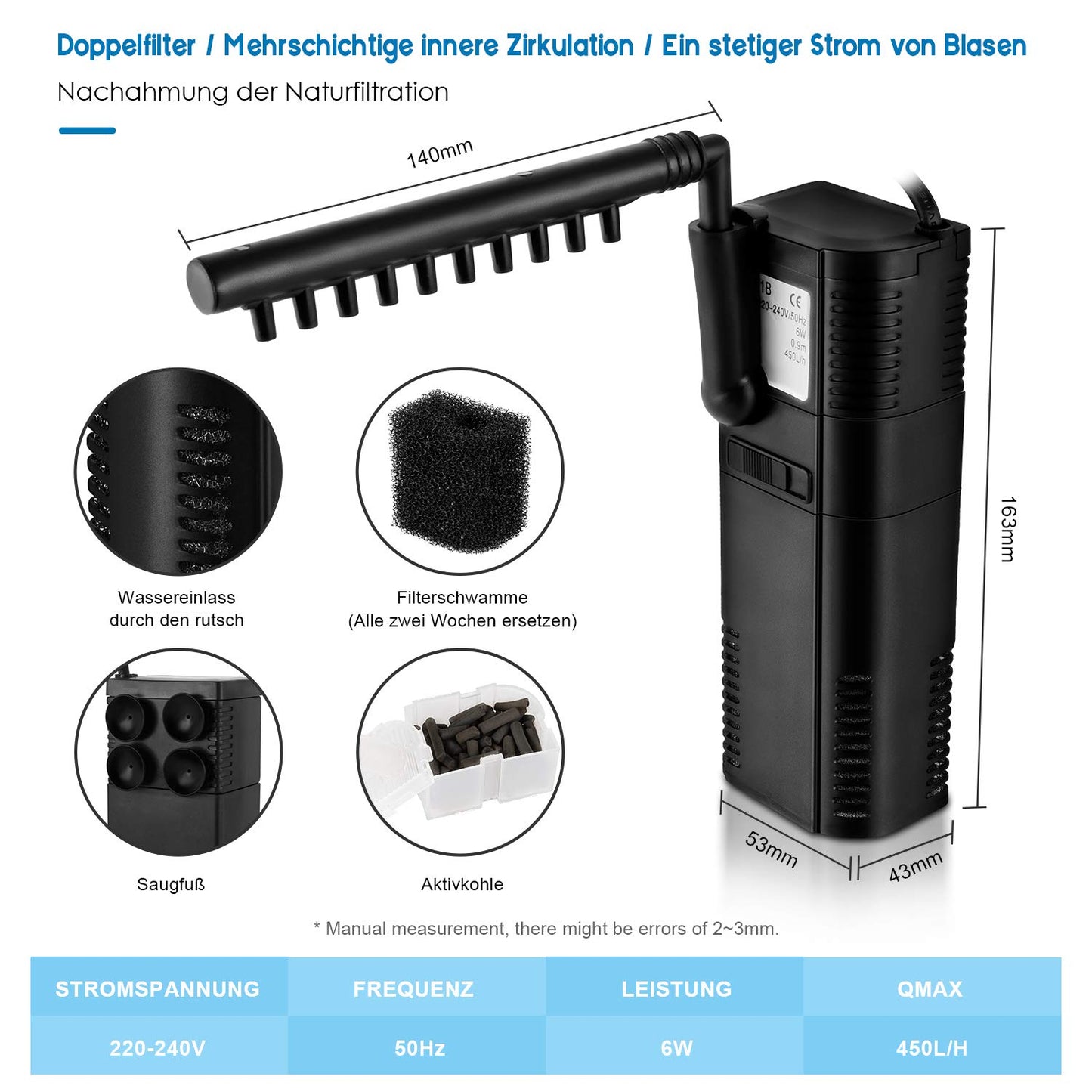 Aquariumpumpe Filterpumpe Aquarium Innenfilter Aquariumpumpe 300L/h 2Watt