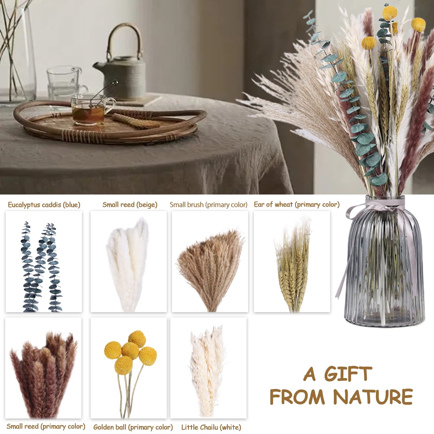 Getrocknetes Pampasgras, 60 Stück, natürliche Trockenblumen zur Dekoration, Schilfblumenstrauß 