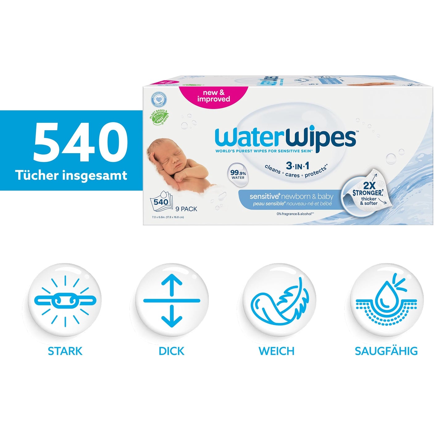 WaterWipes Plastic-Free Original Baby Wipes, 99.9% Water-Based Cleaning Wipes, Unscented for Sensitive Skin