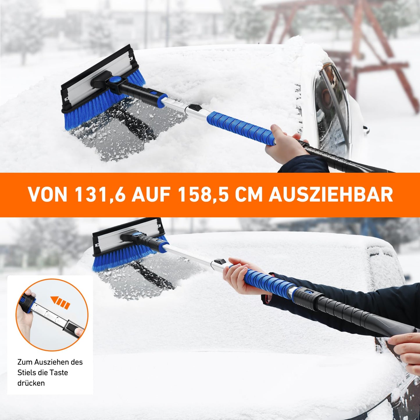 Eiskratzer, Scheibenkratzer, Auto-Eiskratzer mit Besen, 119 cm lang, ausziehbare Schneebürste 