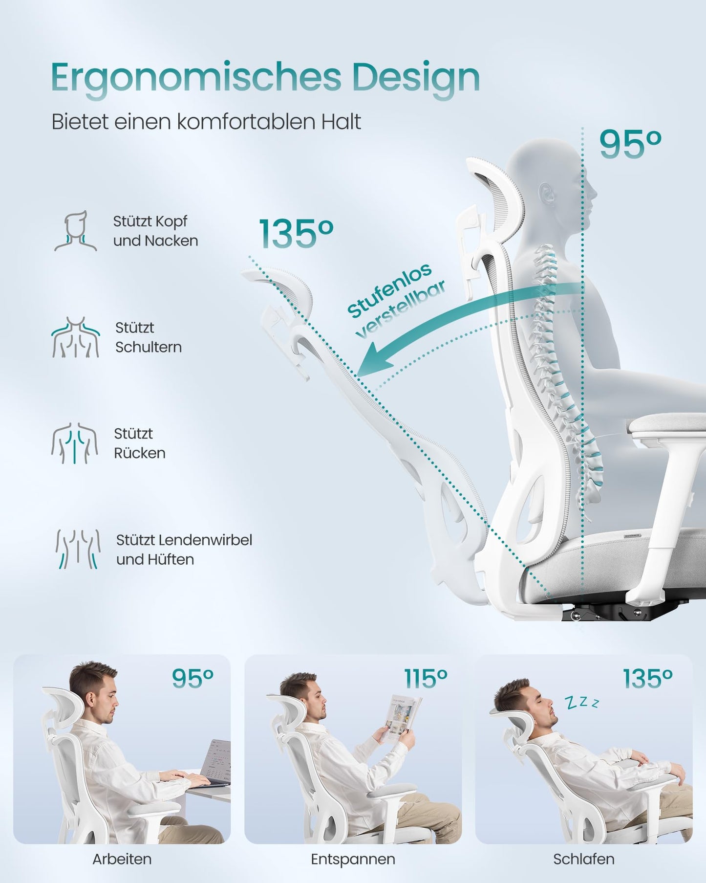 SONGMICS Bürostuhl ergonomisch, Schreibtischstuhl, Computerstuhl, verstellbare Lenden- und Kopfstütze, höhenverstellbar, tintenschwarz