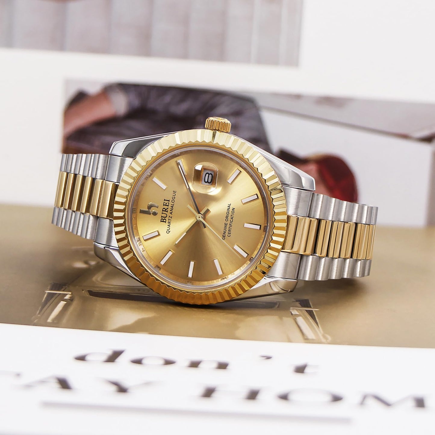 BUREI Herren Uhren Quarz Armbanduhr Datumsanzeige Saphirglas Objektiv mit Zwei Tönen Edelstahlband