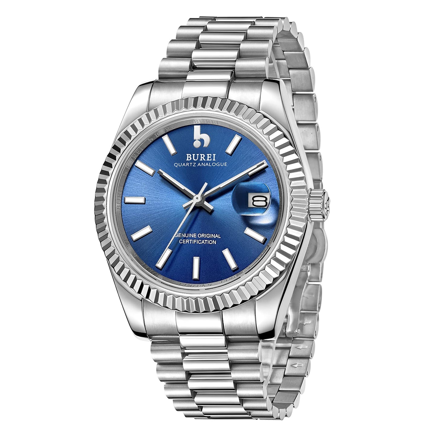 BUREI Herren Uhren Quarz Armbanduhr Datumsanzeige Saphirglas Objektiv mit Zwei Tönen Edelstahlband