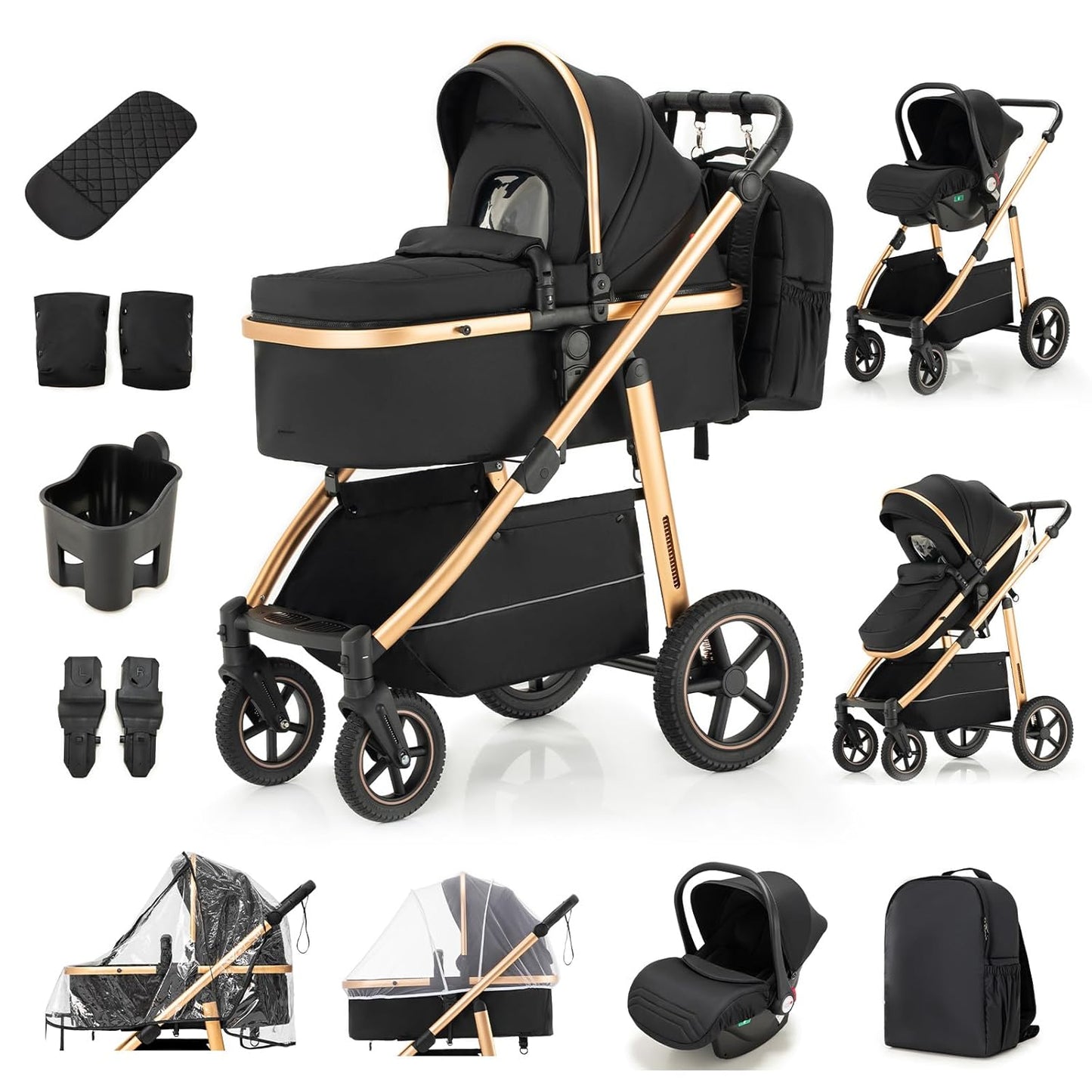3-in-1 Kinderwagen-Set mit Sitz und faltbarem Babybett, verstellbare Liegeposition, bis 15 kg, 0-3 Jahre 