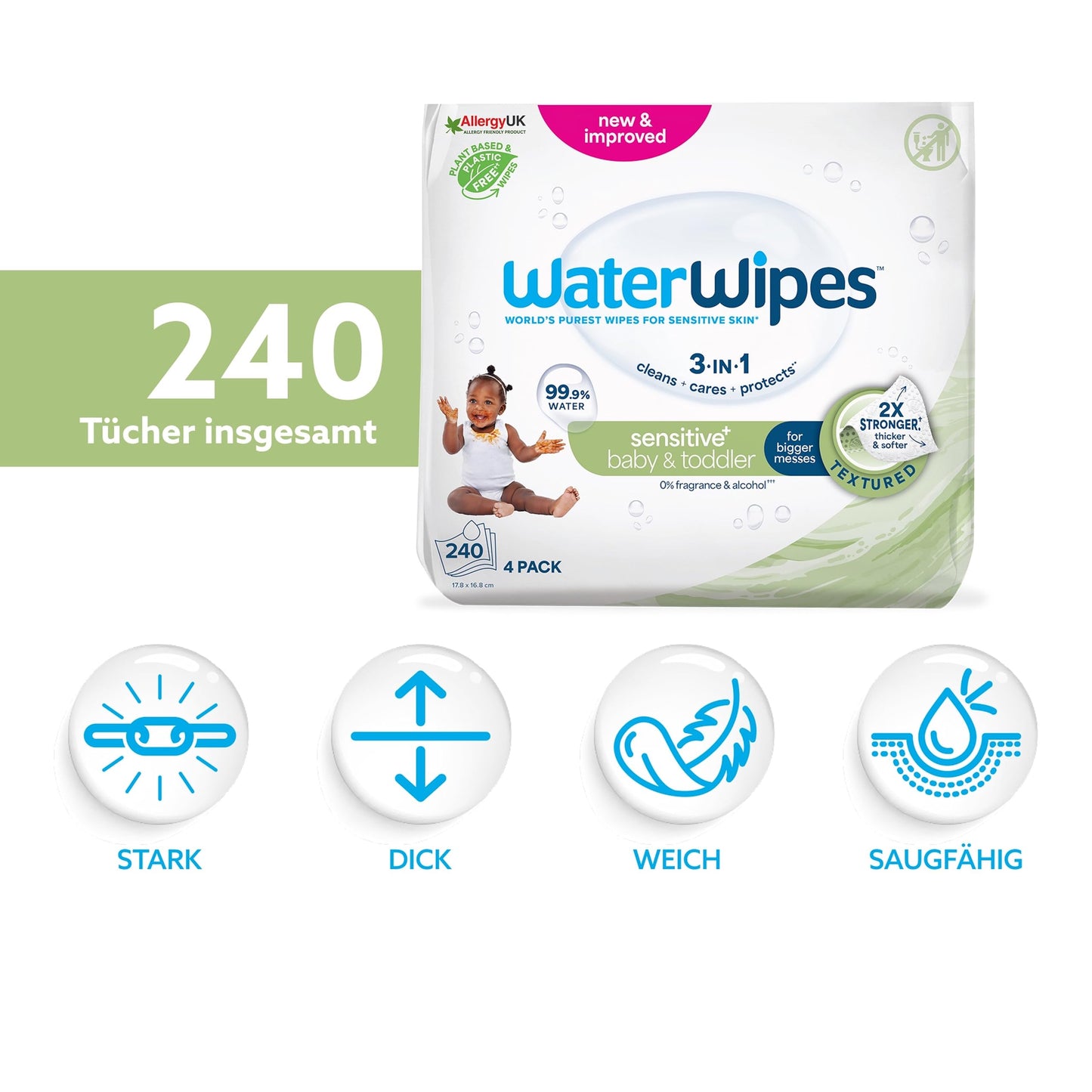 WaterWipes Sensitive+ Baby & Toddler Wipes, 3-in-1 Cleansing, Care, Protection, 99.9% Water, Fragrance-Free