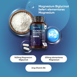 Magnesium Bisglycinat Kapseln - 1420 mg Magnesiumbisglycinat mit Vitamin B6-200 mg Elemente Magnesium - Glycinat Form - 180 vegane Kapseln - 3 Monate Vorrat - Alternative zu Pulver 