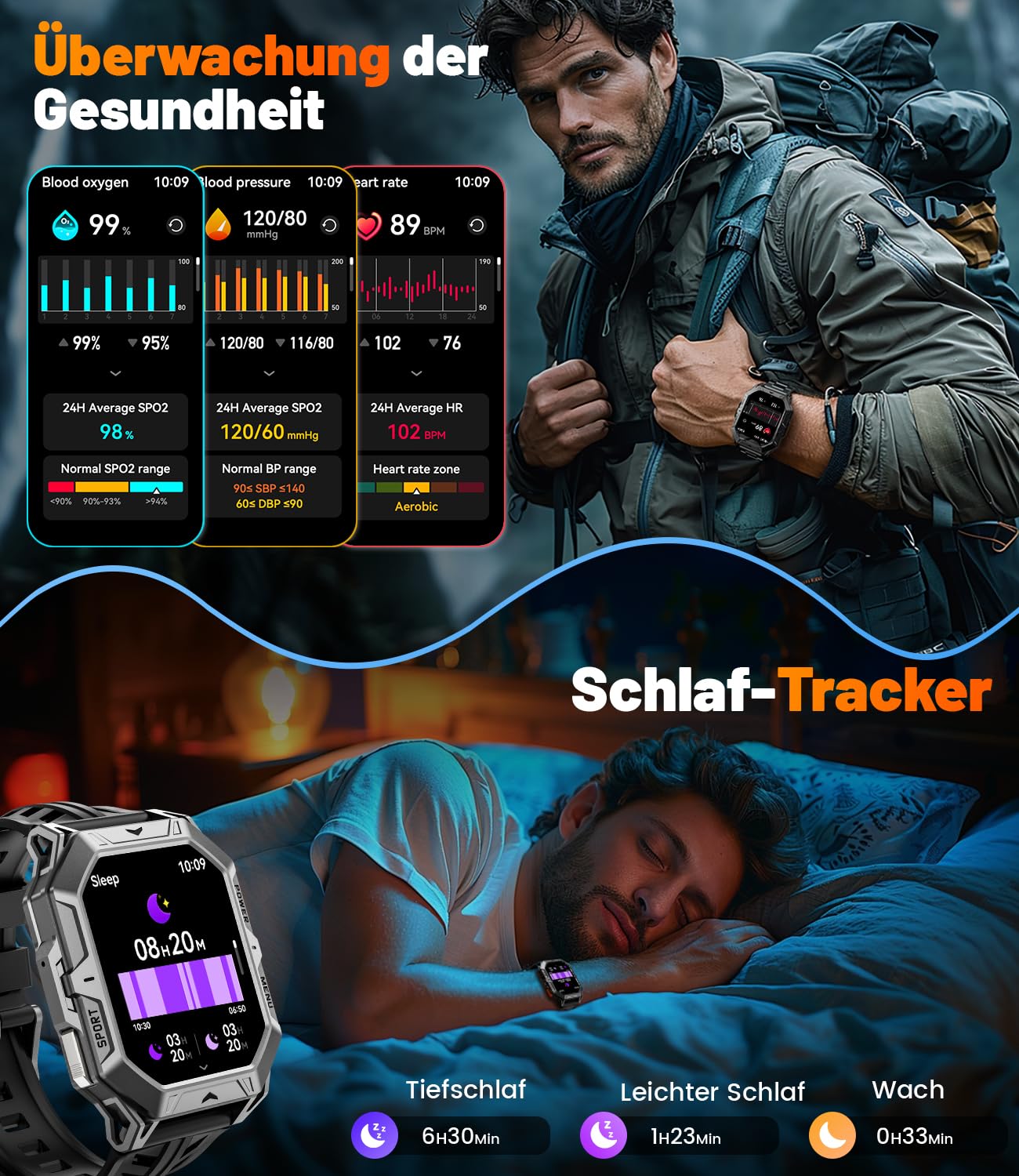 Smartwatch Herren Militär, 2.13" AMOLED mit 256 MB,1000mAh Akku, Barometerdruck/ Höhenmesser/Kompass, Smart Watch mit Telefonfunktion, 100+ Sportmodi Fitness-Tracker, 10ATM Wasserdicht für Android iOS 