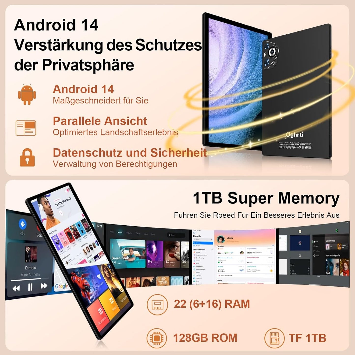 Tablet 10 Zoll Android 14, 22GB RAM 128GB ROM/TF 1TB, Octa-Core Prozessor, 8000mAh, BT5.0, 8MP+5MP, Dual WLAN, Face ID, Widevine L1, Augenschutz, Tablet mit Tastatur &amp; Maus Metallkörper-Schwarz 