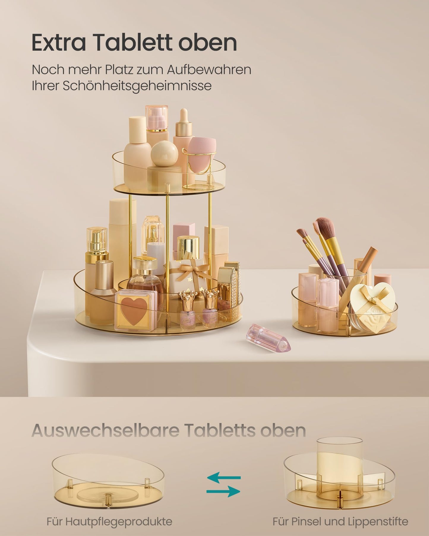 SONGMICS Make-up Organizer mit extra Tablett Oben, Kosmetik-Organizer rund 2 Ebenen 