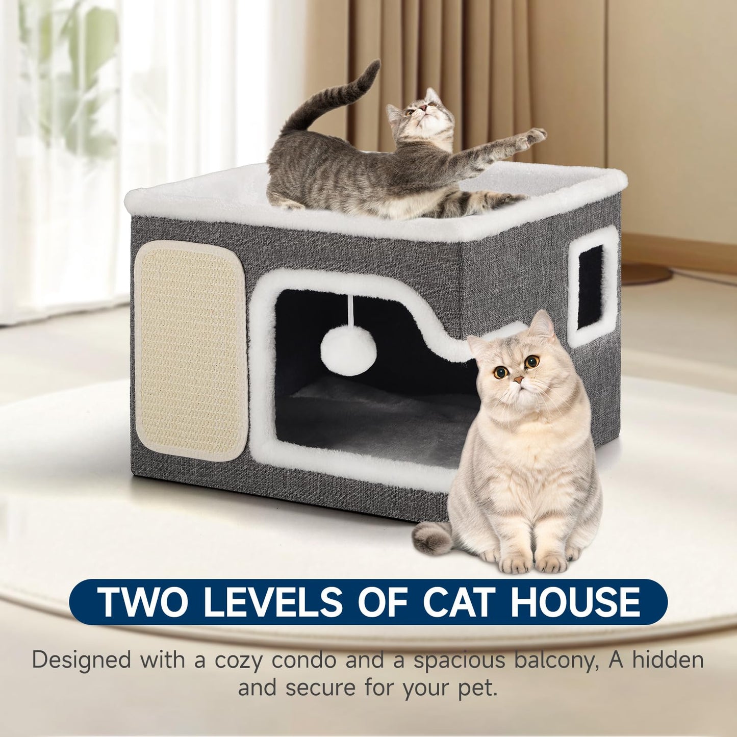 Faltbares Katzenhaus, mit Kratzbrett und Spielball, Katzenhaus Höhle für kleine und mittlere Haustiere 