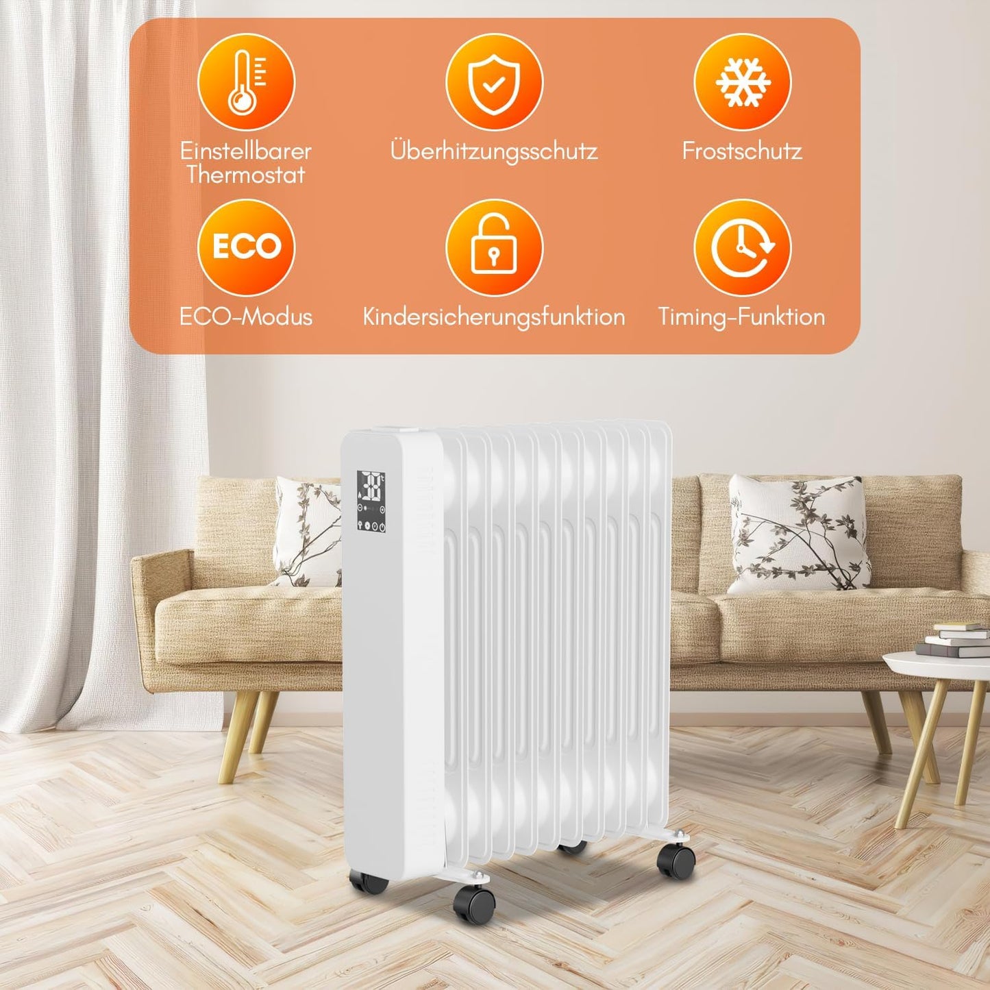 Fiqops Ölradiator 2500 W, energiesparend mit 11 Heizrippen, 3 Heizstufen, Thermostat, WLAN-App und Fernbedienung, Digitalanzeige