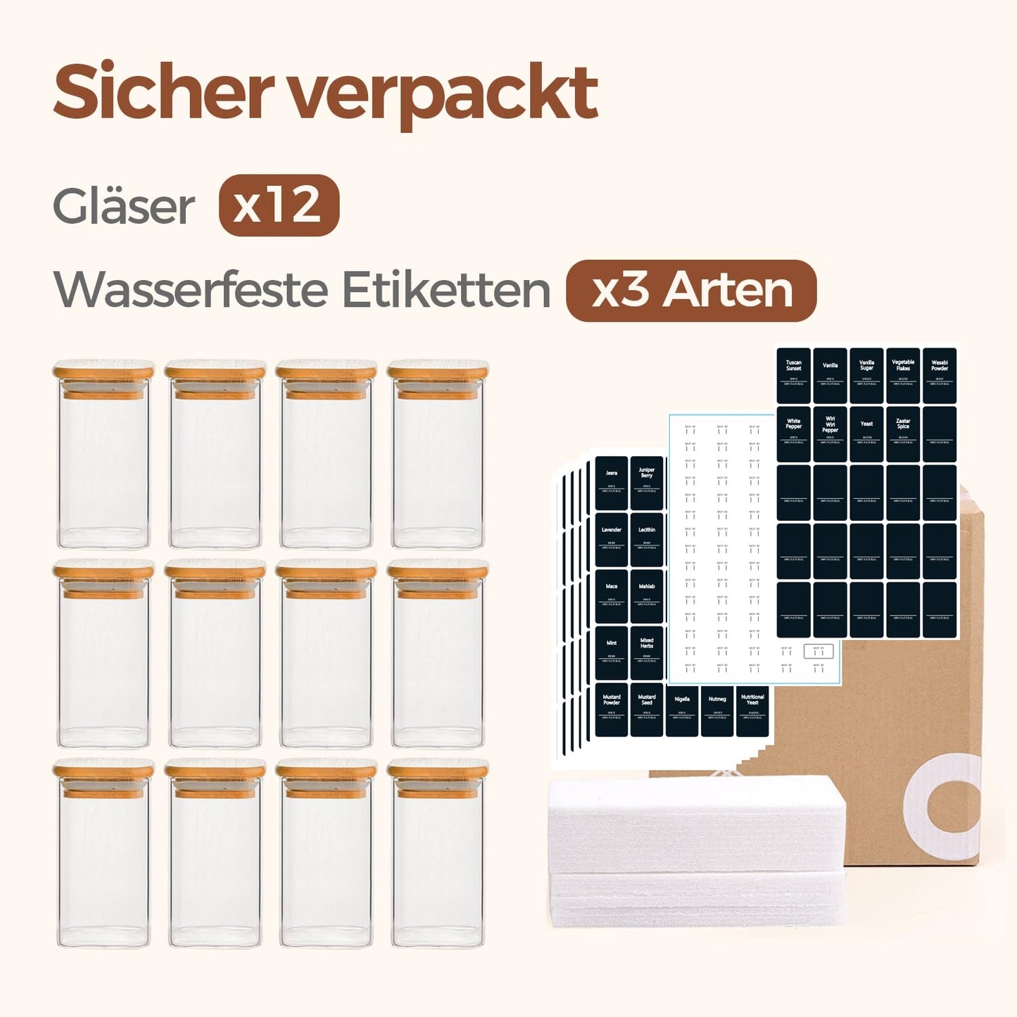 ComSaf Pot a Epices mit Etiketten, Pot Epices Verre Carrés mit Couvercle en Bois 