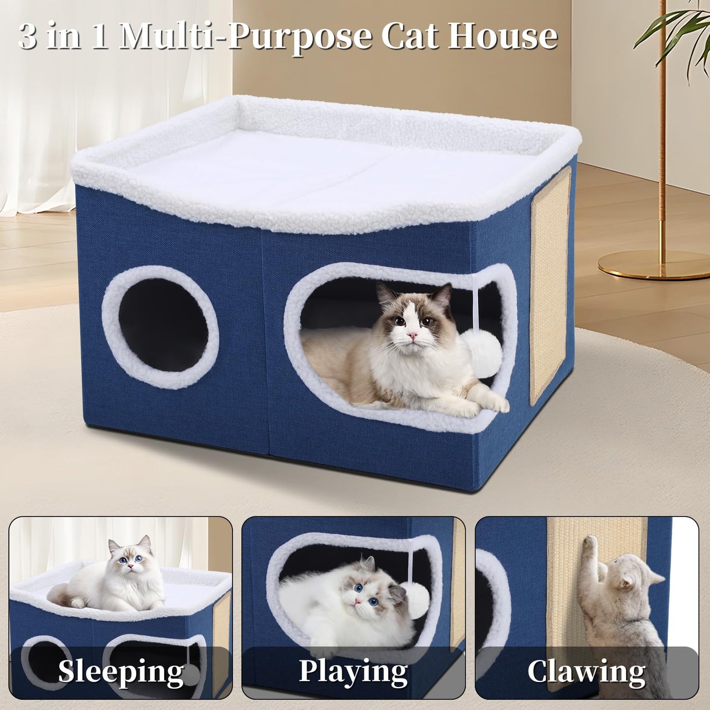 Faltbares Katzenhaus, mit Kratzbrett und Spielball, Katzenhaus Höhle für kleine und mittlere Haustiere 