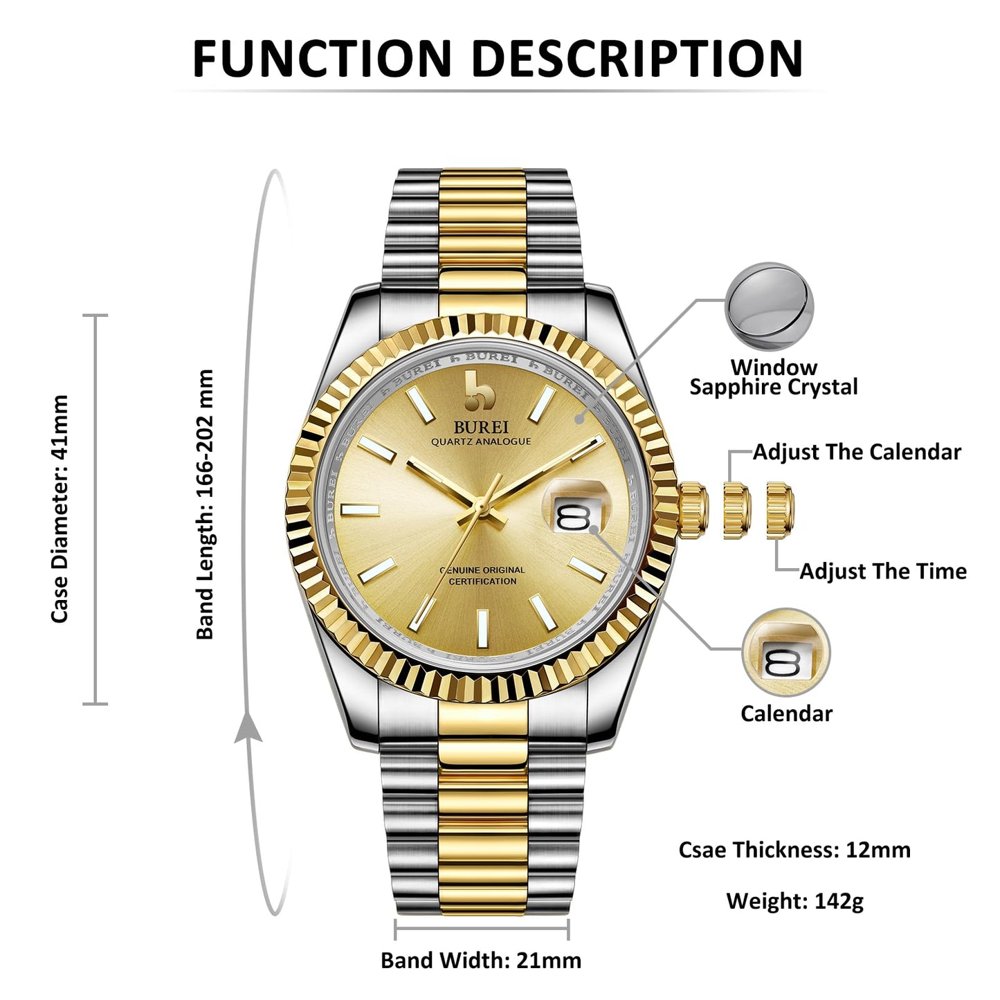 BUREI Herren Uhren Quarz Armbanduhr Datumsanzeige Saphirglas Objektiv mit Zwei Tönen Edelstahlband