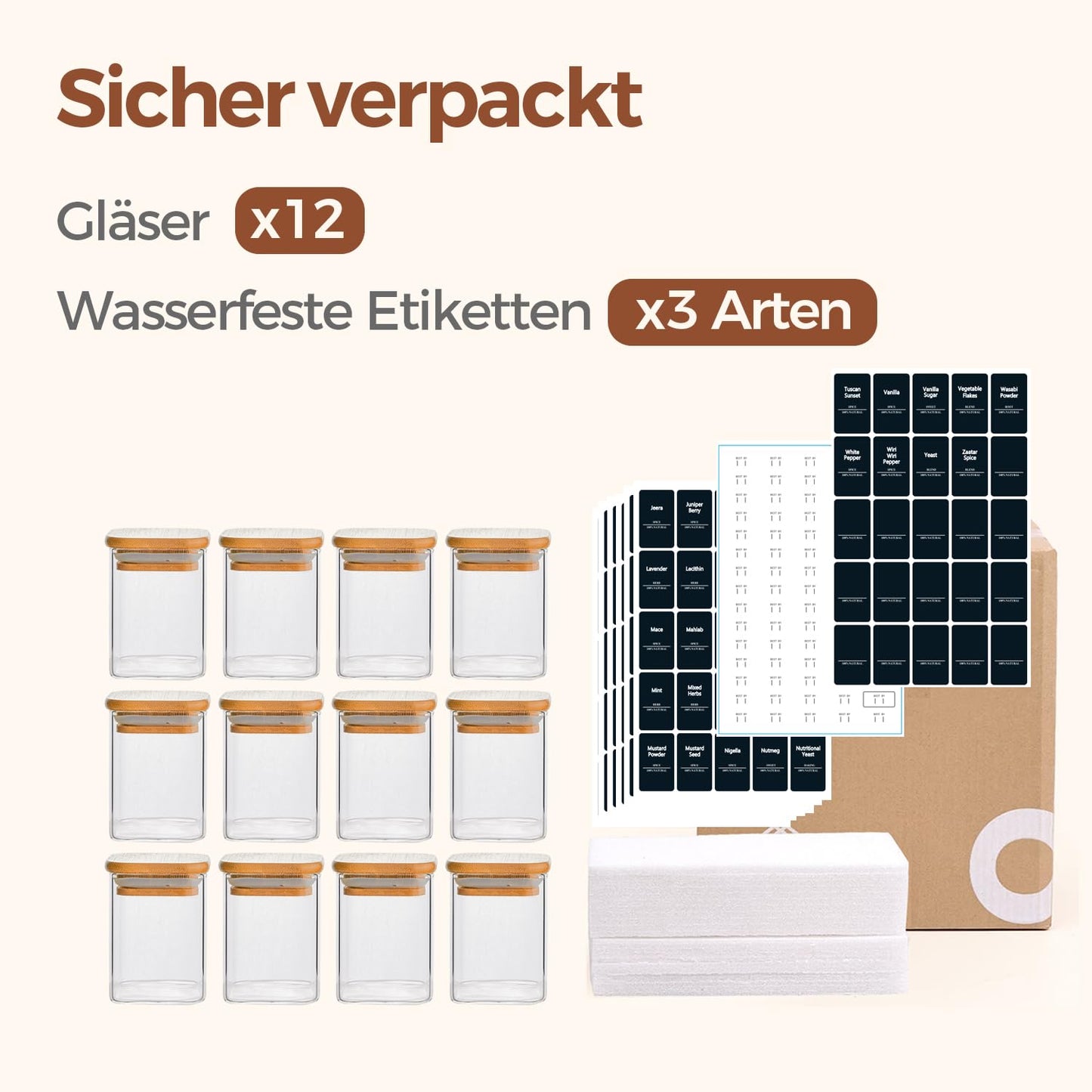 ComSaf Pot a Epices mit Etiketten, Pot Epices Verre Carrés mit Couvercle en Bois 