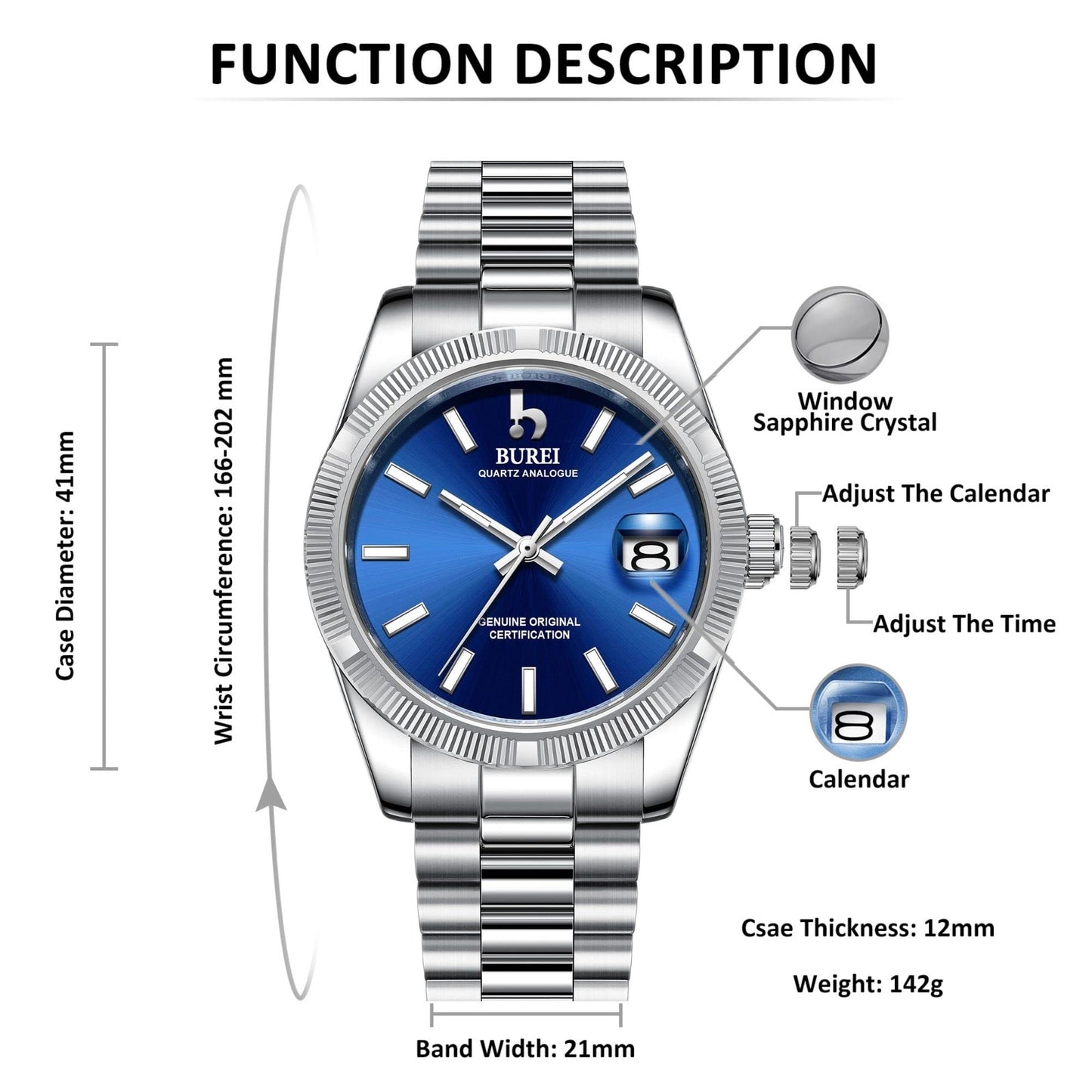 BUREI Herren Uhren Quarz Armbanduhr Datumsanzeige Saphirglas Objektiv mit Zwei Tönen Edelstahlband