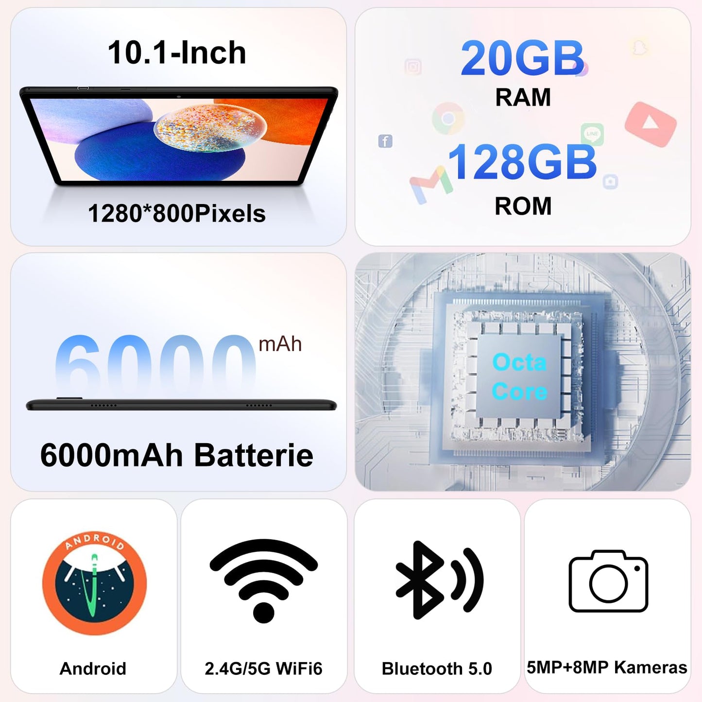 Neuestes Tablet (2025): 10-Zoll-Android-Display mit 5G-WLAN, 6,20 GB RAM + 128 GB ROM (erweiterbar auf bis zu 1 TB), Octa-Core-Prozessor, Widevine L1, IWawa-Lern-App, 6000 mAh Akku, Bluetooth 5.0 