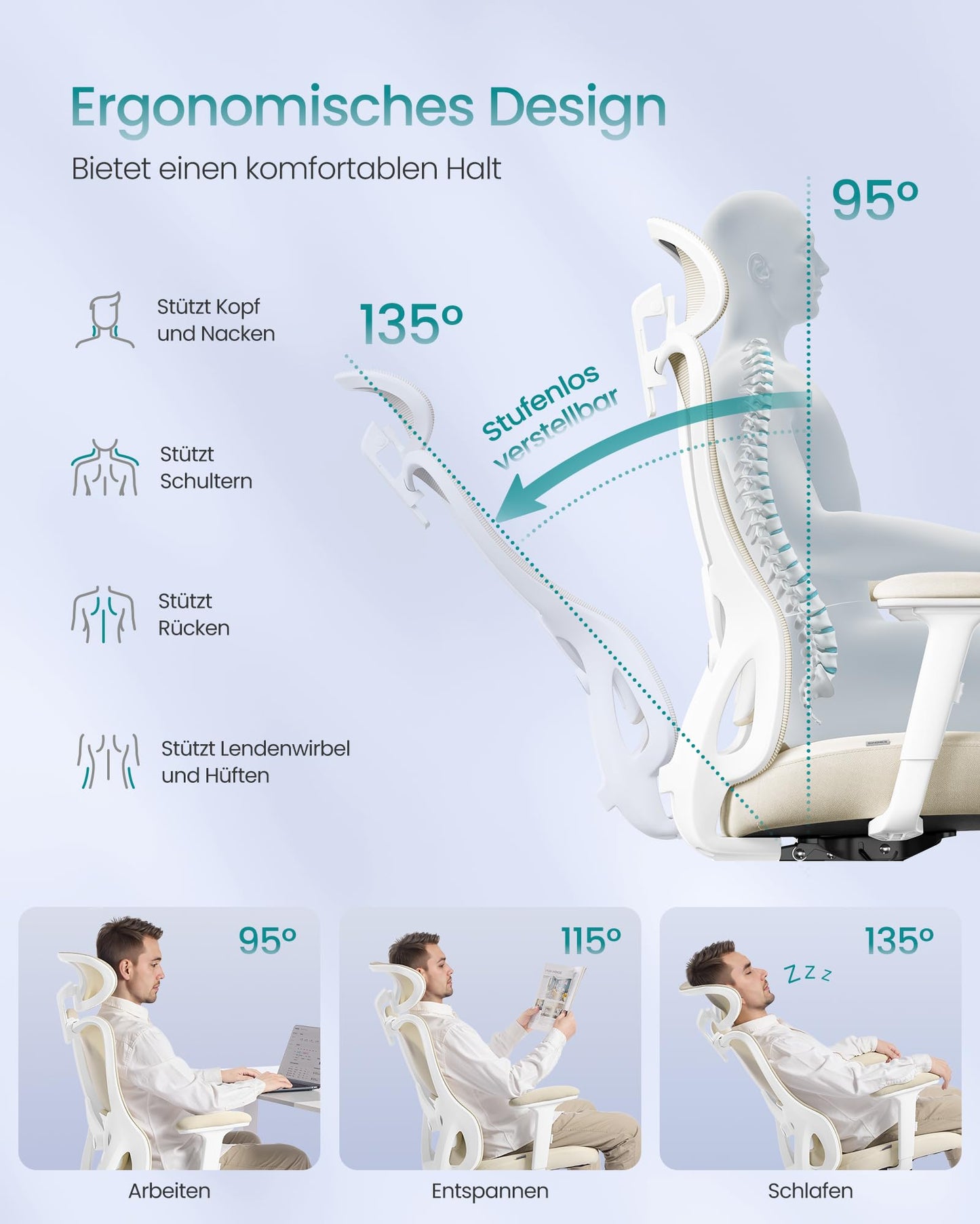 SONGMICS Bürostuhl ergonomisch, Schreibtischstuhl, Computerstuhl, verstellbare Lenden- und Kopfstütze, höhenverstellbar, tintenschwarz